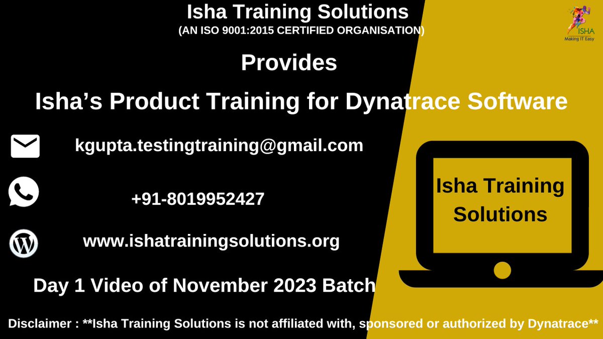 IshaKumargupta's tweet image. “Isha’s Product Training for Dynatrace Software”- Day 1 video:
youtu.be/kIdUk0WzkSg
27th Nov@9 PM(IST)/27th Nov@10:30 AM(EST)/
27th Nov@ 3:30PM(BST)
The course Price: 7900(IST) / 119 USD
Call/WhatsApp @ +91- 8019952427 / 8977922427
#dynatrace #appdynamics #peformancetesting