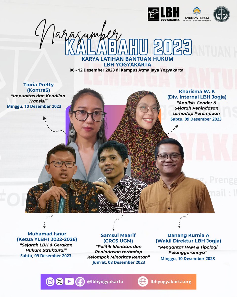 🗣️ KALABAHU LBH YOGYAKARTA 2023 ‼️ Narasumber Kalabahu 2023 ‼️ Tema - _Perkuat Gerakan Bantuan Hukum Struktural: Galang Persatuan Rakyat, Lawan Legalisme Otokrasi_ __________ Follow Us - Instagram: @lbhyogyakarta - Facebook: LBH Yogyakarta - Website: lbhyogyakarta.org