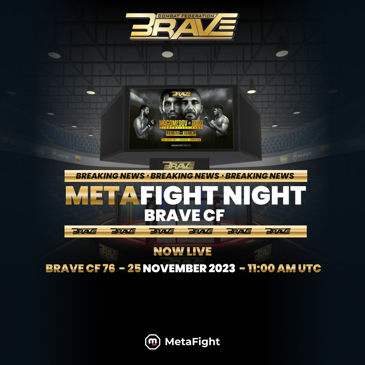 MetaFightOff's tweet photo. ⚔️ #BRAVECF76 starting now!

👉 Watch Party: https://t.co/qKuLouxOPQ

📲 Get access to these impressive battles from your phone, PC, or VR headset.

🤝 You can invite and interact with your friends and the public.

#BRAVECF https://t.co/owOt0pBzX3