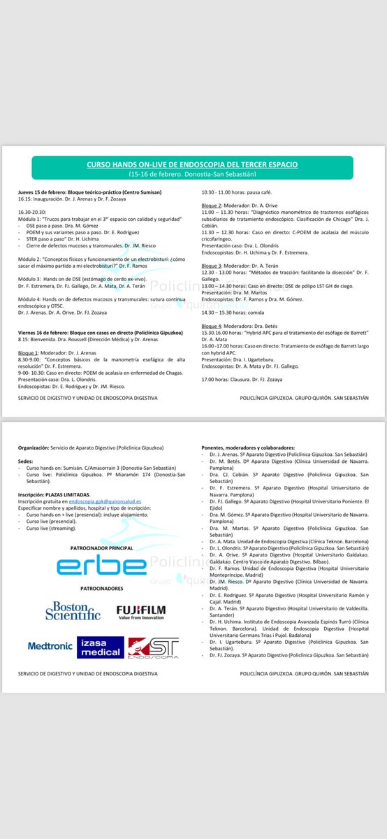 FranZozaya's tweet photo. CURSO HANDS ON/LIVE DE ENDOSCOPIA DEL TERCER ESPACIO
15-16 febrero. San Sebastián @PolicliGipuzkoa 
Práctica y casos en directo con @hugo_uchima @MartaGomezAl @FerminEstremera @alv_teran Felipe Ramos, Alfredo Mata, Enrique Rodríguez, Aitor Orive, Paco Gallego, Chema Riesco https://t.co/ROfldEYmaf