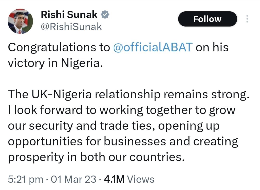 UK cannot be supporting politicians who rig their way into office and also be closing their borders to the people affected by governance from politicians who rig their way into office.

<a href="/RishiSunak/">Rishi Sunak</a> was amongst the first to congratulate Tinubu who rigged his way into office. He