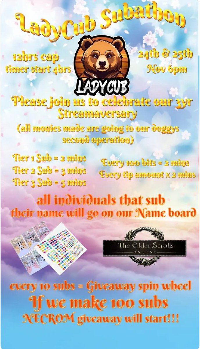 Thank you to all that came to see me during my streamaversary we managed to raise £225 towards my doggy's operation over a third complete.
We will be back live tonight to raise more and add more animals to the wall. See you then
Twitch.tv/ladycub
