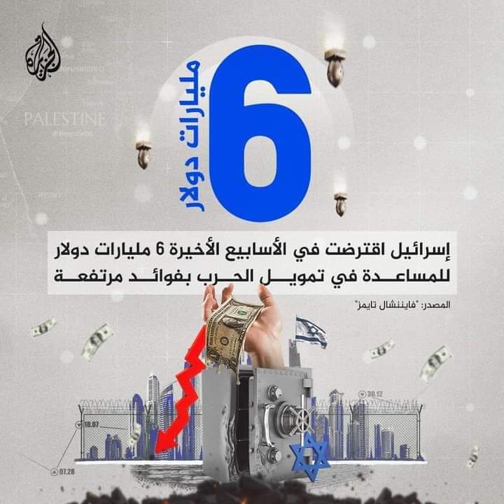 Kn_Pir's tweet photo. اسرائیل نے حالیہ جنگ کے دوران زیادہ شرح سود پر 6 ارب ڈالر قرضہ لیا
(الجزیرہ نے فنانشل ٹائمز کا حوالہ دیا ہے)
اس وقت ایک گھنٹے کی جنگ بندی بھی مشکوک ہے یہ صرف یہودی وجود کے مفاد اور شہداء کی قربانیوں کو ضائع کرنے کے مترادف ہے اس جنگ کو ہر حال میں جاری رکھنا چاہیے بلکہ پھیلانا چاہے https://t.co/PiegOnQ3bl