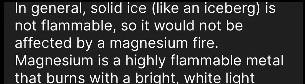 Kizodavid's tweet photo. @viyancefavour I didn’t. It’s an all-out war of destruction not one of quantity.

Take 100% of earth’s magnesium on fire and 100% of water on earth as an iceberg. 

Which will be last standing?  My answer will. https://t.co/A6GAmUtCGc