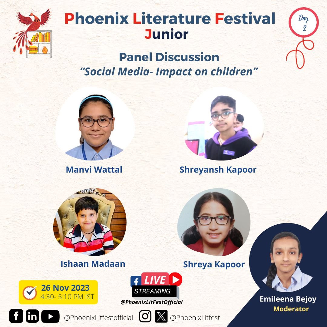 PhoenixLitfest's tweet photo. The 6th Edition of Phoenix Literature Festival Junior

D2S3: Social Media - Impact on children

Panelists: Manvi Wattal, Shreyansh Kapoor, Ishaan Madaan, Shreya Kapoor

Moderator: Emileena Bejoy

#plfjunior #plflitfestjunior #plftalks https://t.co/vKBz1dtL4K