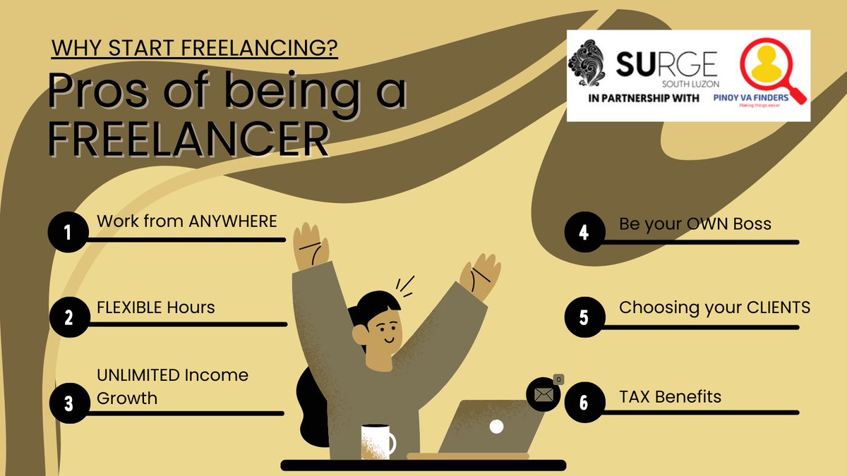 Embrace the perks of freelancing: freedom to set your schedule, work from anywhere, and pursue your passion. Say goodbye to the 9-5 routine and hello to flexibility and autonomy! What's your favorite thing about freelancing? Share below!
#freelancers #SurgeMarketplace #RemoteWork