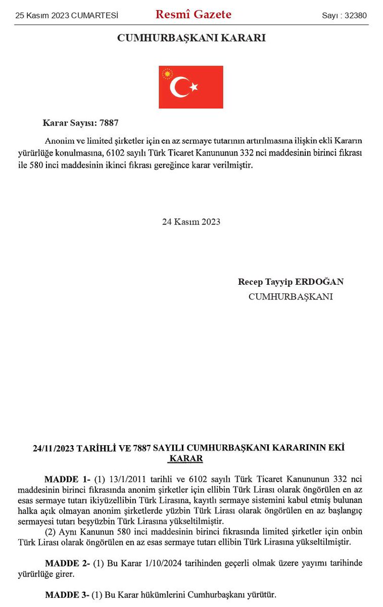 Yetmez ama...
Avukat bulundurma zorunluluğu ile ilgili asgari sermayenin artırılmasına ilişkin talebimiz karşılık buldu. 250 bin TL üstü asgari sermayesi olan şirketlere getirilen zorunluluk 1 Ekim 2024 tarihinden itibaren 1 Milyon 250 bin TL ve üzeri olarak düzenlendi.