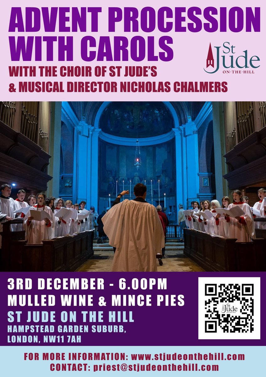 The Advent Procession @stjudeonthehill @choirofstjudes Sunday 03 Dec at 6pm. Music by Martin Baker, Judith Weir, Hugo Distler and Charles Wood. Mince pie and drop down and see us.