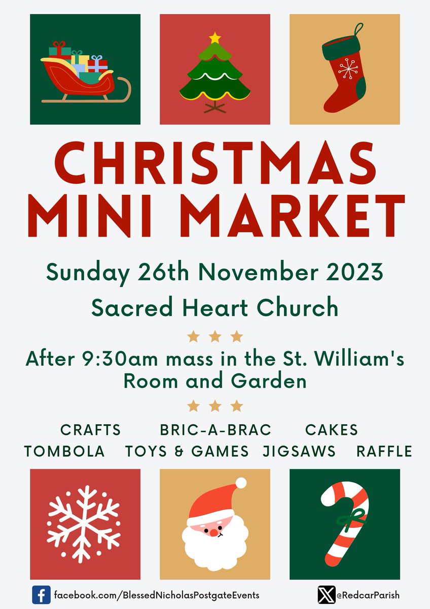 RedcarParish's tweet photo. It's our Christmas Mini Market tomorrow! 🎄

There'll be loads of lovely things to buy: toys, games, books, Christmas cards, bric-a-brac, scarfs, homemade jams, marmalades &amp; chutneys, plus loads more. Every child will also get a free hot chocolate! We can't wait to see you! https://t.co/UAzyT7aEve