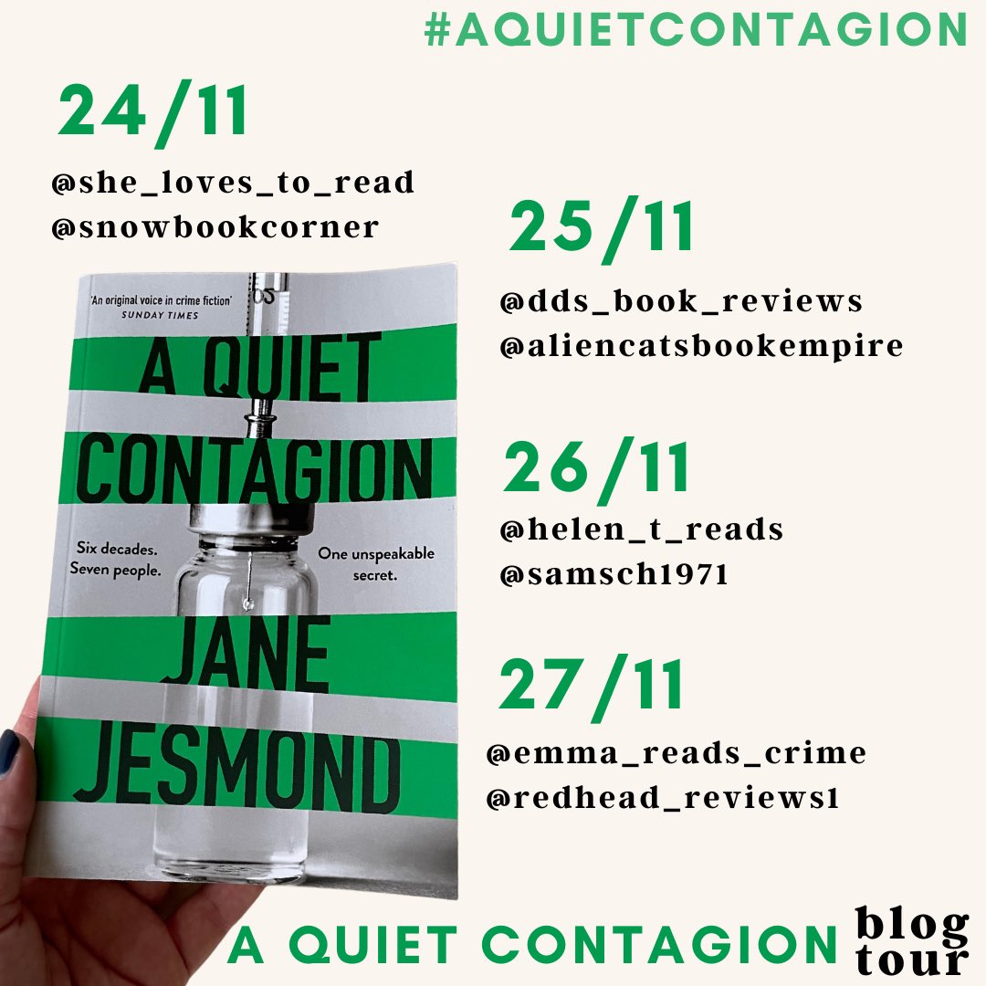 📕A Quiet Contagion by Jane Jesmond 📕

Well researched & thought provoking…Easy to follow with fleshed out characters, whether likeable or not. A recommended read.

Review bit.ly/3RghwkA

#BlogTour #bookreview #AQuietContagion #NewRelease #BookTwitter