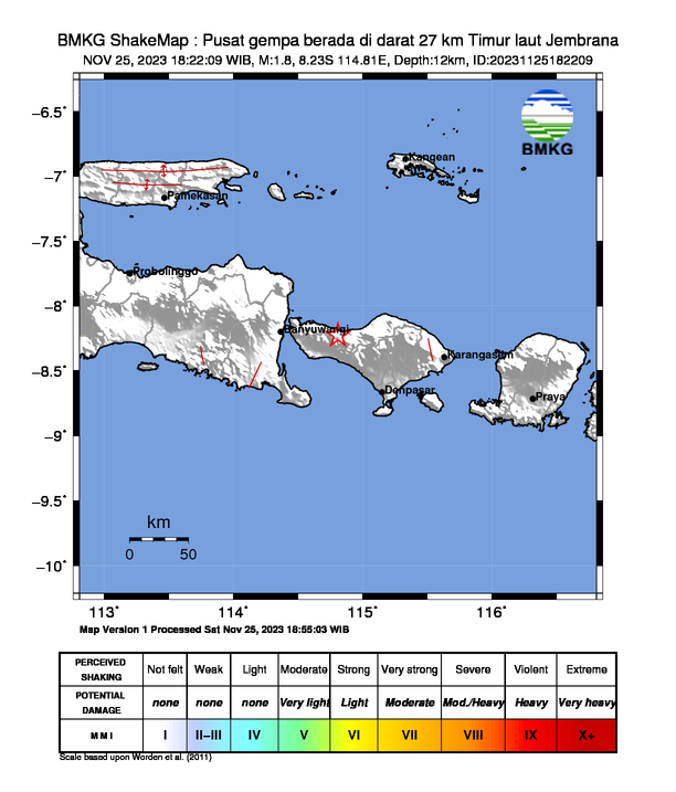 infoBMKG's tweet photo. #Gempa (UPDATE) Mag:1.8, 25-Nov-23 18:22:09 WIB, Lok:8.23 LS, 114.81 BT (Pusat gempa berada di darat 27 km Timur laut Jembrana), Kedlmn:12 Km Dirasakan (MMI) II Gerokgag #BMKG https://t.co/bBdKOlCF4E