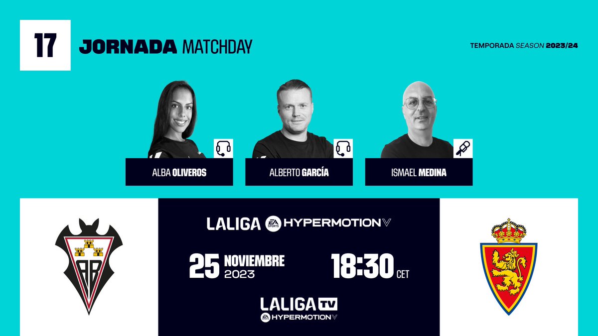 Alberto García (@1alberto_garcia) on Twitter photo 📌 Partido para cambiar la dinámica en #LaLigaHypermotion.
Albacete B. 🆚 Real Zaragoza.
🏟️ Carlos Belmonte
⏰ 18:30
📺 #LaLigaTVHypermotion
🎙️<a href="/albaoliverosz/">Alba Oliveros</a> e Ismael Medina
#InsideLaLiga 📌 Partido para cambiar la dinámica en #LaLigaHypermotion.
Albacete B. 🆚 Real Zaragoza.
🏟️ Carlos Belmonte
⏰ 18:30
📺 #LaLigaTVHypermotion
🎙️<a href="/albaoliverosz/">Alba Oliveros</a> e Ismael Medina
#InsideLaLiga