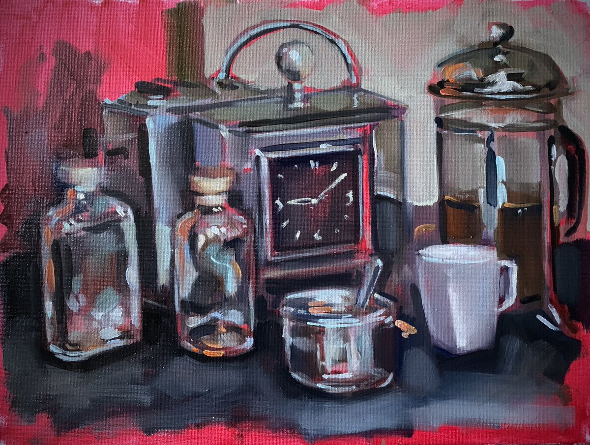 An interesting Friday #experiment. I spent a couple of hours painting this oil sketch. Not my style at all but fun to see how colours bounce off each other. #oilpaint #artwork #artlessons #paintinglessons #aldeburgh #suffolk #art #studiotrail #learntopaint #wip #tea #coffee