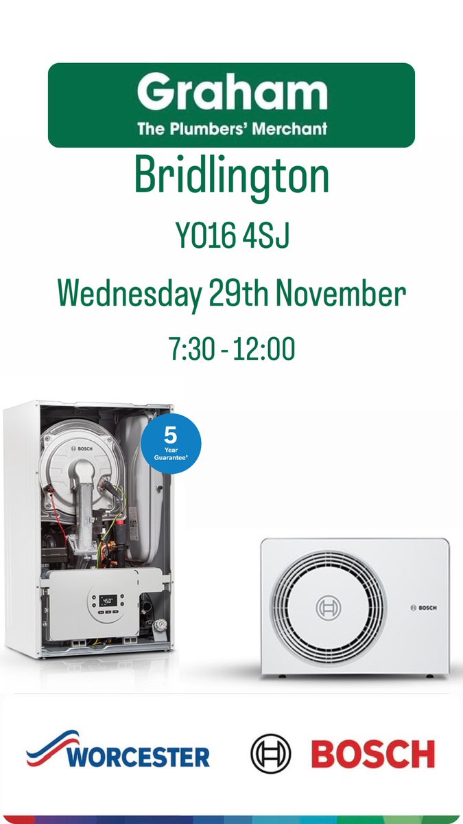 I’ll be at <a href="/Graham_Merchant/">Graham Merchant</a> Bridlington on Wednesday, talking all things <a href="/WorcesterBosch/">Worcester Bosch Professional</a> from our new 1000 budget boiler to our flagship 5800i air source heat pump and everything in between. Come and say hello 👋