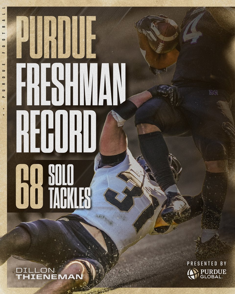 BoilerFootball's tweet photo. Top of the charts 📈

@DillonThieneman has broken Hall of Famer Rod Woodson's record for most tackles by a Purdue freshman. He's still going folks. 

#BoilerUp https://t.co/D7CBVU4Xhr
