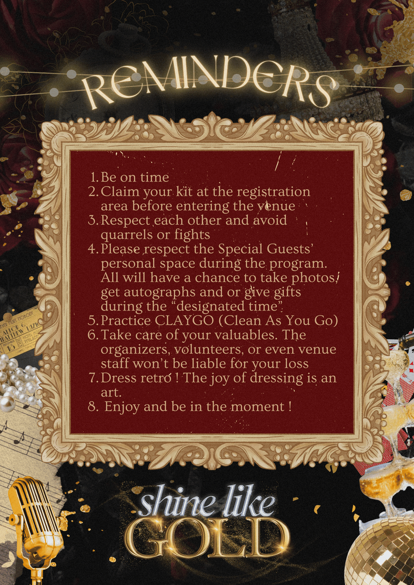 [📷] 11262023 
“Shine Like Gold” 📷 

 JAYWELS, ARE YOU EXCITED?
Before we get to party here are a few reminders and rules we have to abide to:

Date &amp; Time: November 26 | 2PM 
Location: Villa Regina Condominiums Multipurpose Hall  

JAYWELS BACK IN TIME
#JaywelsShineLikeGold