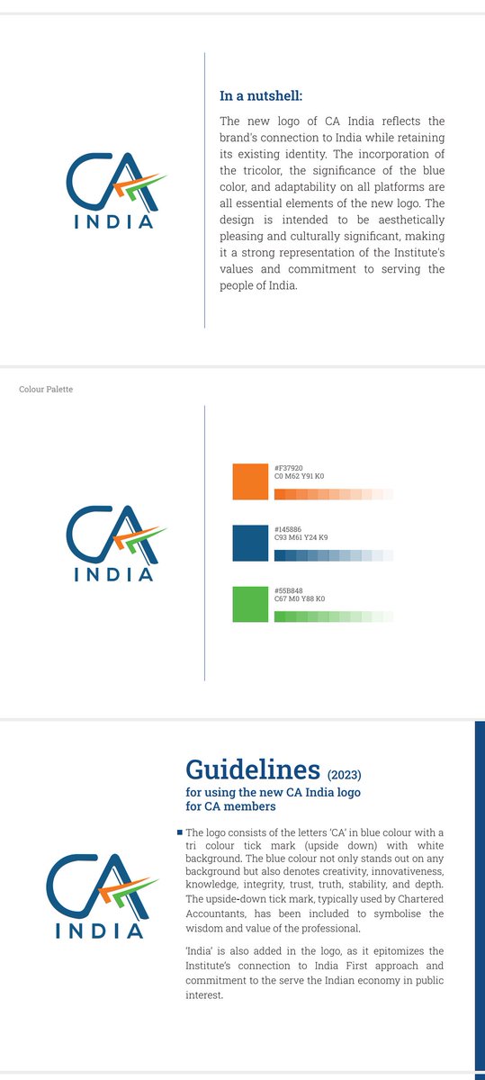TaxationUpdates's tweet photo. All members are requested to start using the new CA India Logo on all their visiting cards, letterheads, signboards etc. and popularize the same across the country as a part of image building and capacity building drive and above all, to establish a distinct identity among the public.

For using the existing stationary/ signage replacement etc., the transition period of one year is being provided to all CA Members

Progress is impossible without change

The Logo Manual mentioning the details about the new CA Logo and the guidelines for using the same is also attached for your reference

Source @theicai
@AniketTalati @wirc_icai @arpitkabra25 @CaRANJEET