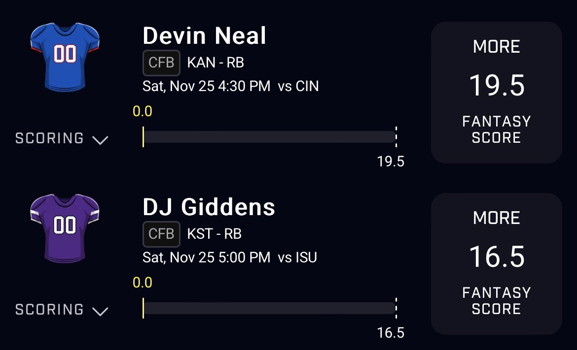 ADBestPicks's tweet image. Adding:

DJ Giddens - 16.5 FS - OVER

Join Premium for all picks, optimizers and stat sheets:
mee6.xyz/en/m/107590593…

#CFBTwitter #PrizePicks #GamblingTwitter #PrizePicksCFB  #PlayerProp #CFB #NCAAFootball