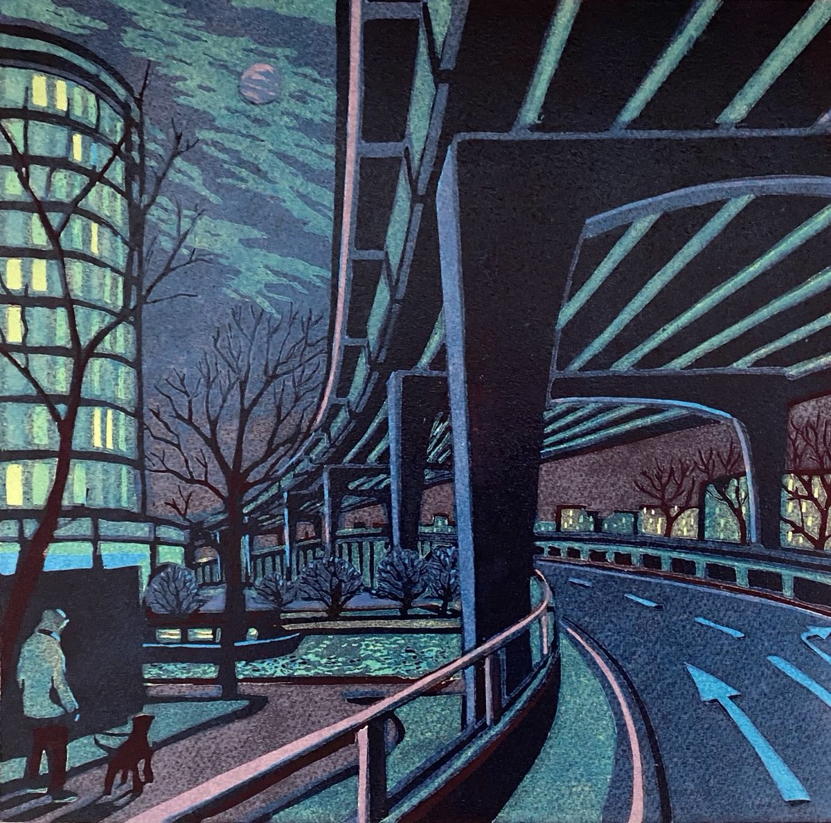 As it’s the last day of #roadsafetyweek, here’s a linocut of that much loved traffic jam in the sky, the Westway. Be careful out there, all you motorists 😬 #westway #Paddington #GrandUnionCanal