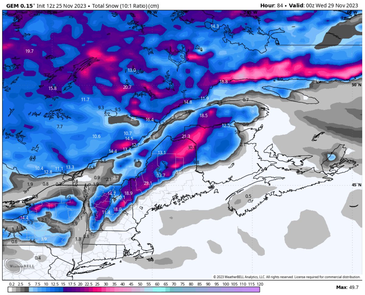 Les accumulations de neige pourraient être intéressantes lundi et mardi sur la Côte-Nord. Le modèle canadien (GEM) est moins généreux. La température oscillera probablement autour du point de congélation localement au passage du système et un froid mordant derrière amènera du…