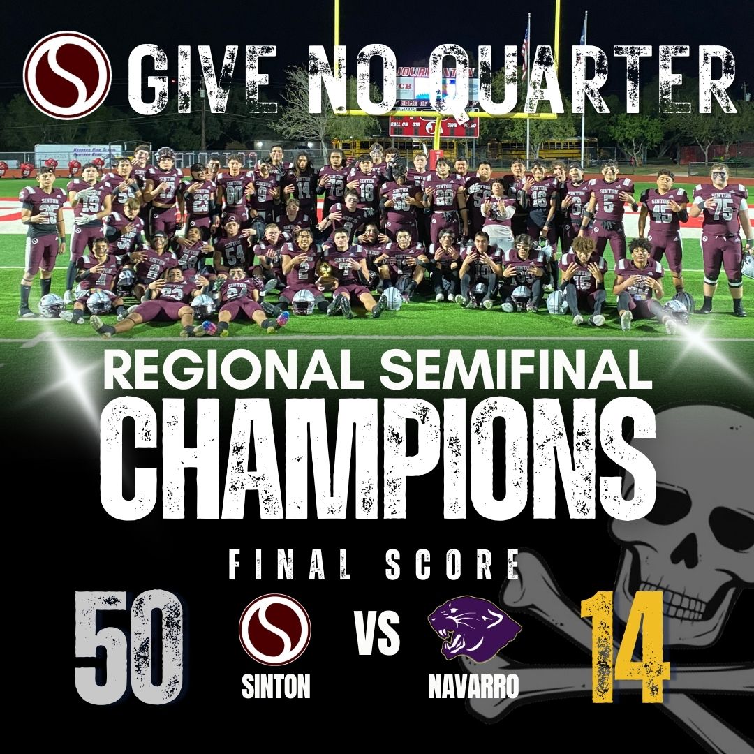 Congratulations to our Sinton Pirates for their 50-14 VICTORY over Navarro! Proud of these student athletes and coaches.

Thank you to the band, cheer, parents, and fans for all your support!

WE ARE PIRATE NATION!

GO PIRATES!🏴‍☠️