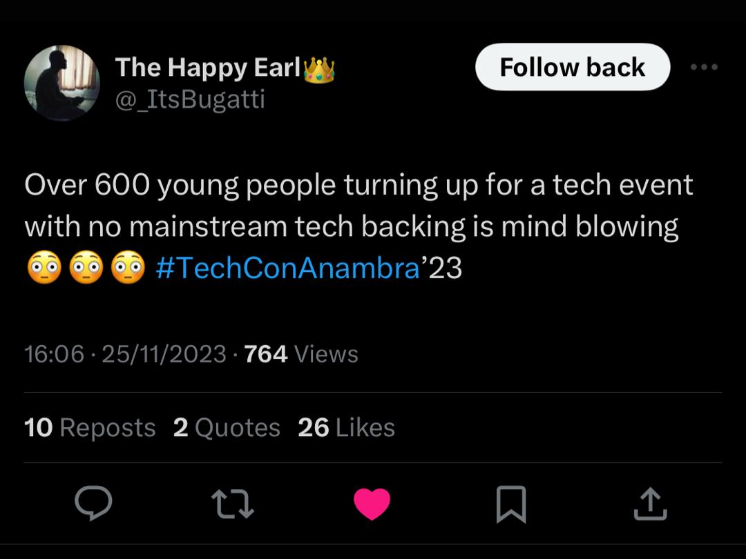 maegy_george's tweet image. It was my absolute pleasure being the event manager for #TechConAnambra2023.
Reading the glowing reviews made by attendees and speakers makes all the hard work my team members and I put in.
The success of this event shows I've gotten better at multitasking 😃