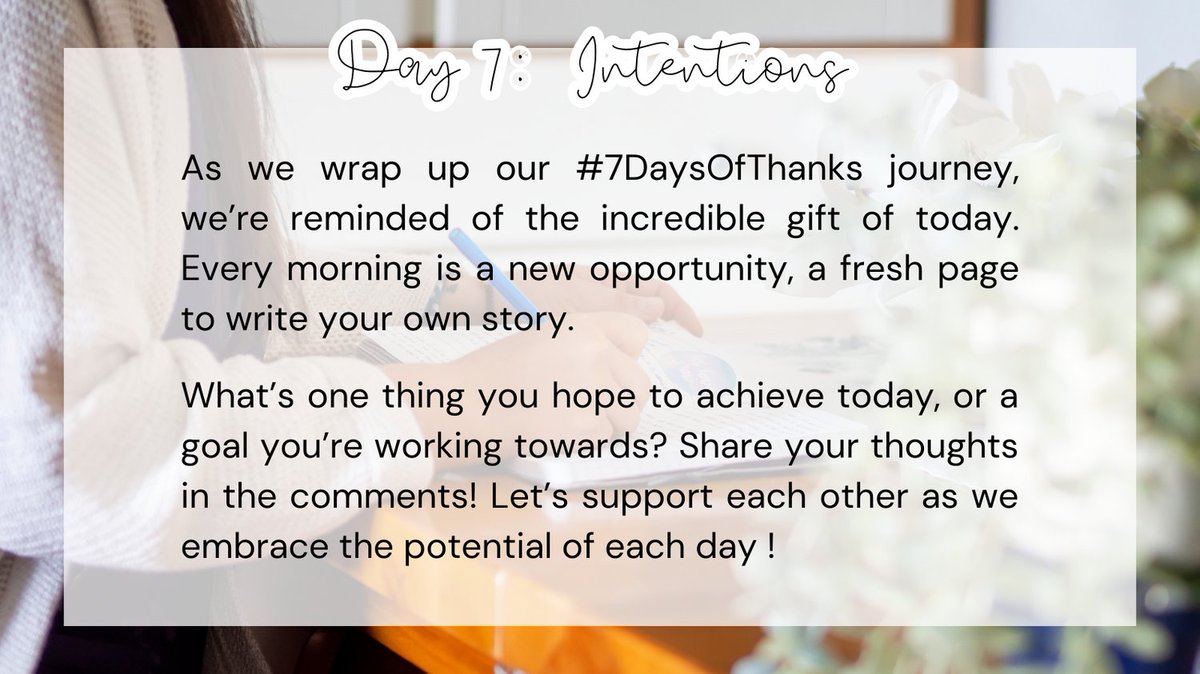 COOP_ThereItIs's tweet image. Day 7 - The power of now 🌅✨ Share your goals and dreams for today in the comments! Let's support each other in making the most of every moment 🌟

#7DaysOfThanks #COOP_ThereItIs #PeopleOpsATT #LifeAtATT