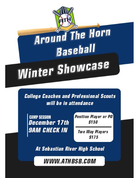 ATH showcase will be held at Sebastian River high school!
Sign up today! College Coaches and Pro scouts in attendance!

athbsb.com/dec-17th-showc…