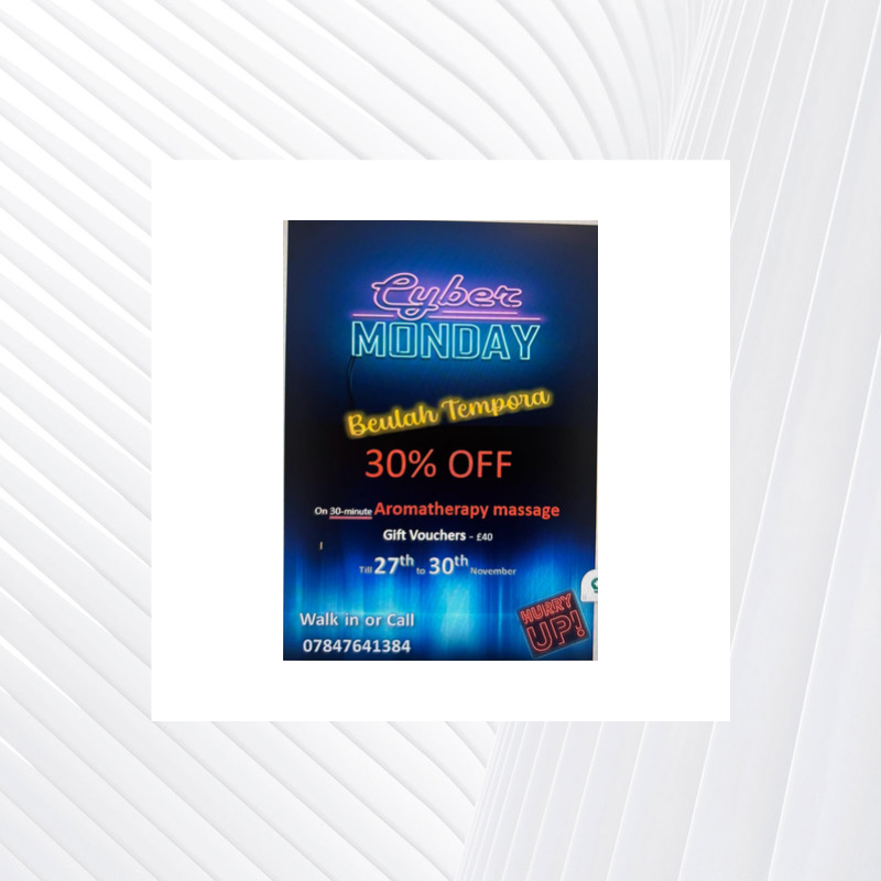 BeulahTempora's tweet photo. https://t.co/21FdAsh5L3
This Cyber Monday, treat yourself or a loved one; with 30-minute vouchers, valid for two months from the date of purchase. 

https://t.co/65SSI0su1D 
#cyber-monday #holisti-therapy #complementary-therapy #aromatherapy #vouchers https://t.co/0kaegsDzY0