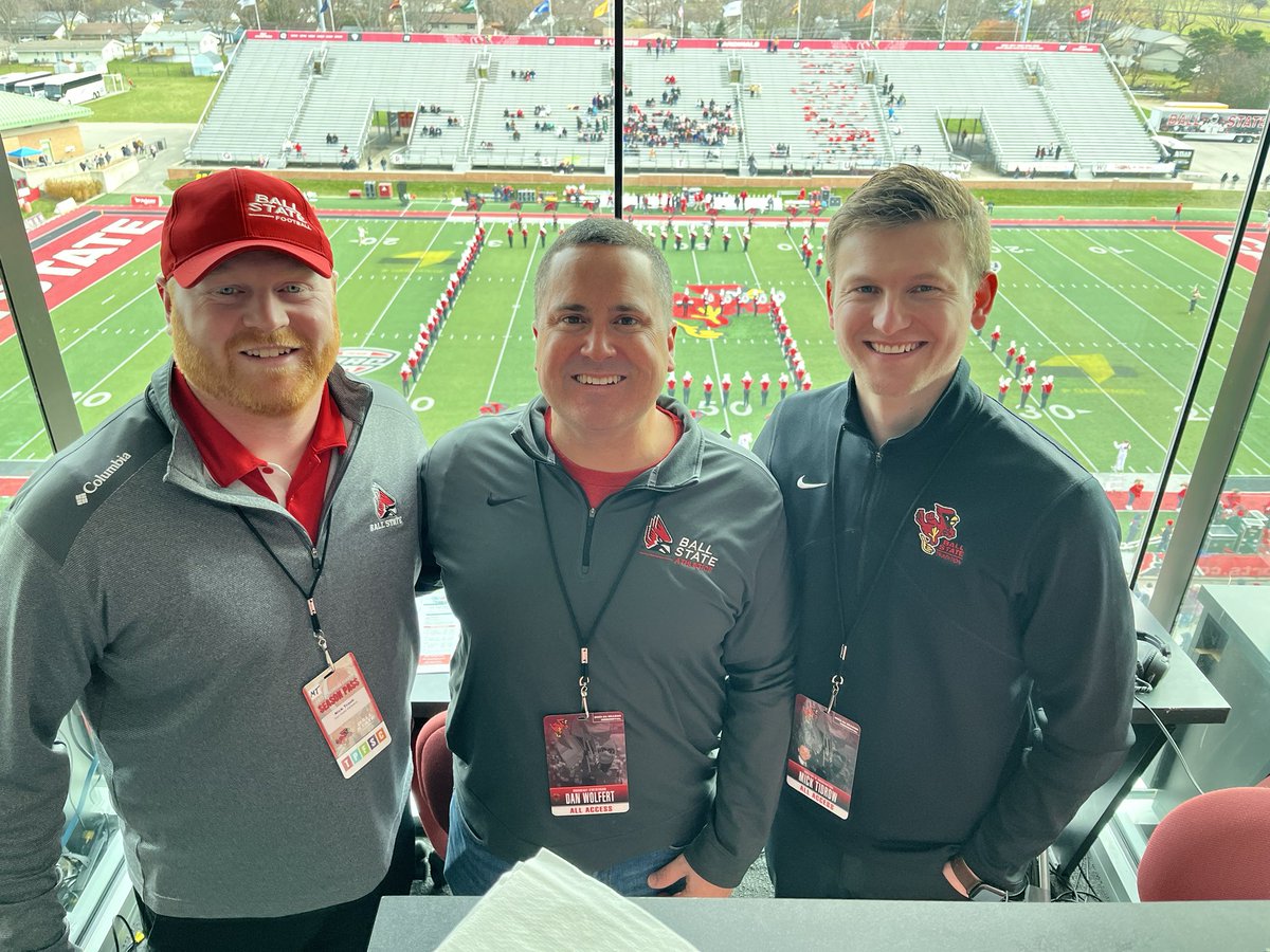 One more from Scheumann Stadium 🏈 Appreciate these guys (@Ntraub47 & @dwolfman10) to the max - it’s been another exceptional season on the call of @BallStateFB. Noon ET kick in the Redbird Rivalry vs. Miami on the @GainbridgeLife radio network! #ChirpChirp x #WeFly