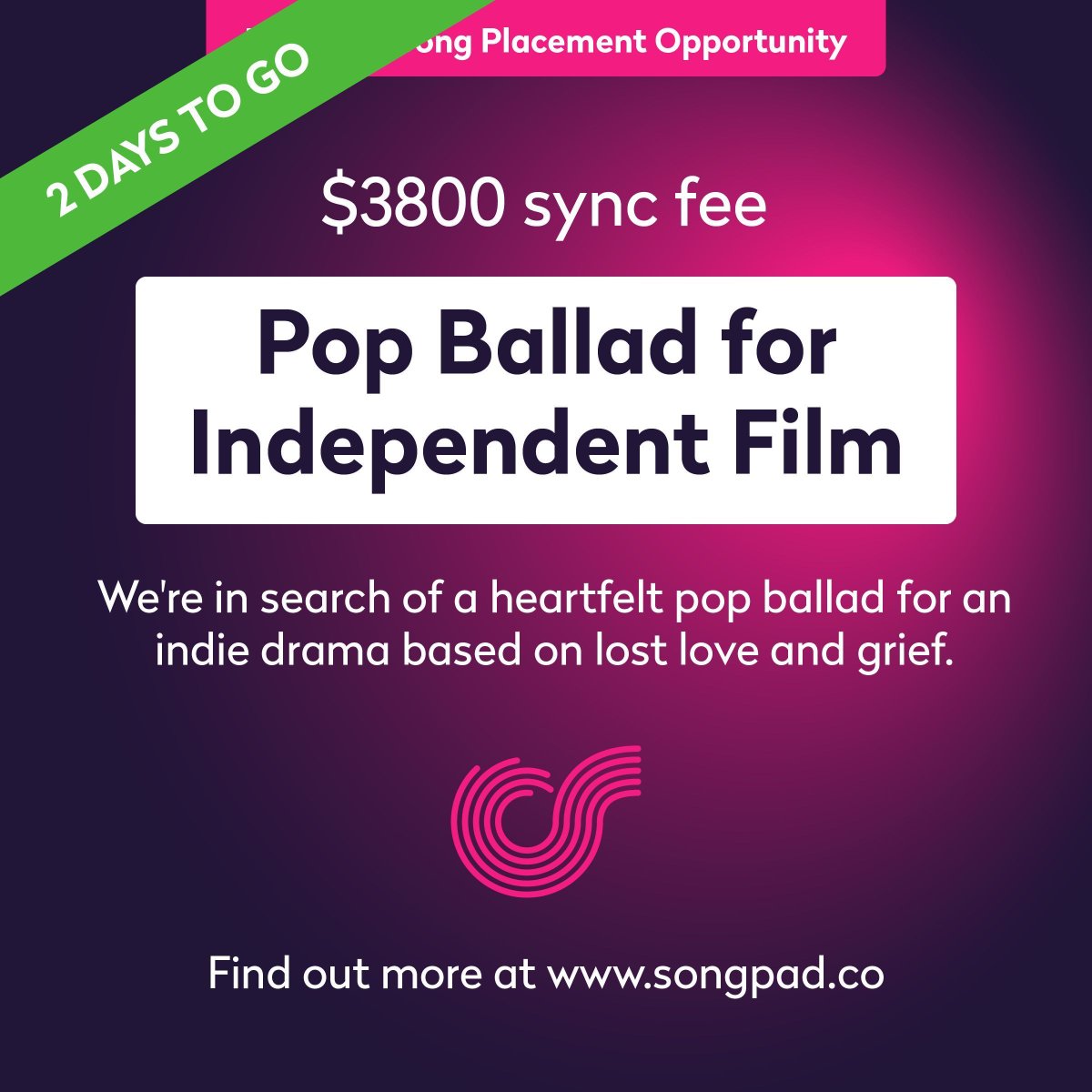 We're in search of a heartfelt pop ballad for an indie drama based on lost love and grief. We need a track that can evoke deep emotions for a traumatic loss of a loved one scene. Find out more at songpad.co #sync #sycnopps