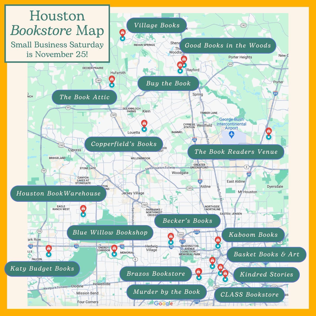 ✨HOUSTON BOOKSTORE MAP!✨

<a href="/BlueWillowBooks/">Blue Willow Bookshop</a>
<a href="/BrazosBookstore/">Brazos Bookstore</a>
<a href="/classbookstore/">classbookstore</a>
<a href="/CopperfieldsBo1/">Copperfield's Books</a>
<a href="/KaboomBooks/">Kaboom Books</a>
<a href="/KatyBudgetBooks/">Katy Budget Books</a>
<a href="/kindred_stories/">Kindred Stories</a>
<a href="/murderbooks/">Murder By The Book</a>
@VillageBooksTW 

Here's to supporting our local Houston booksellers. Please tag anyone we missed! #SmallBusinessSaturday