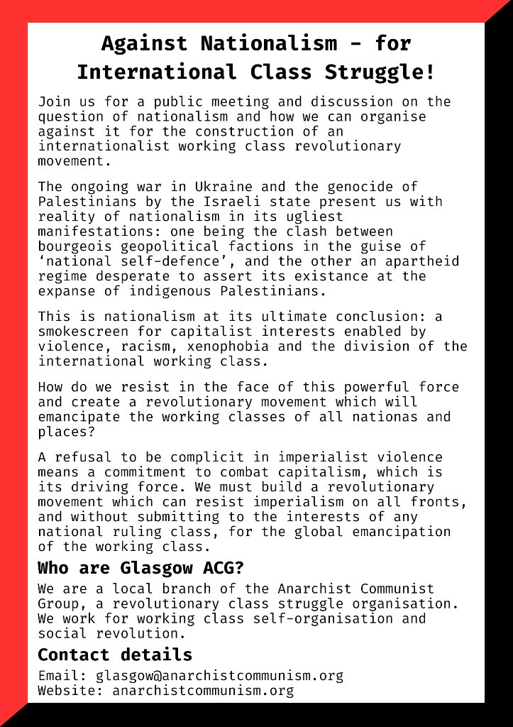Glasgow ACG public meeting - launching the new edition of Against Nationalism. Next Tuesday.