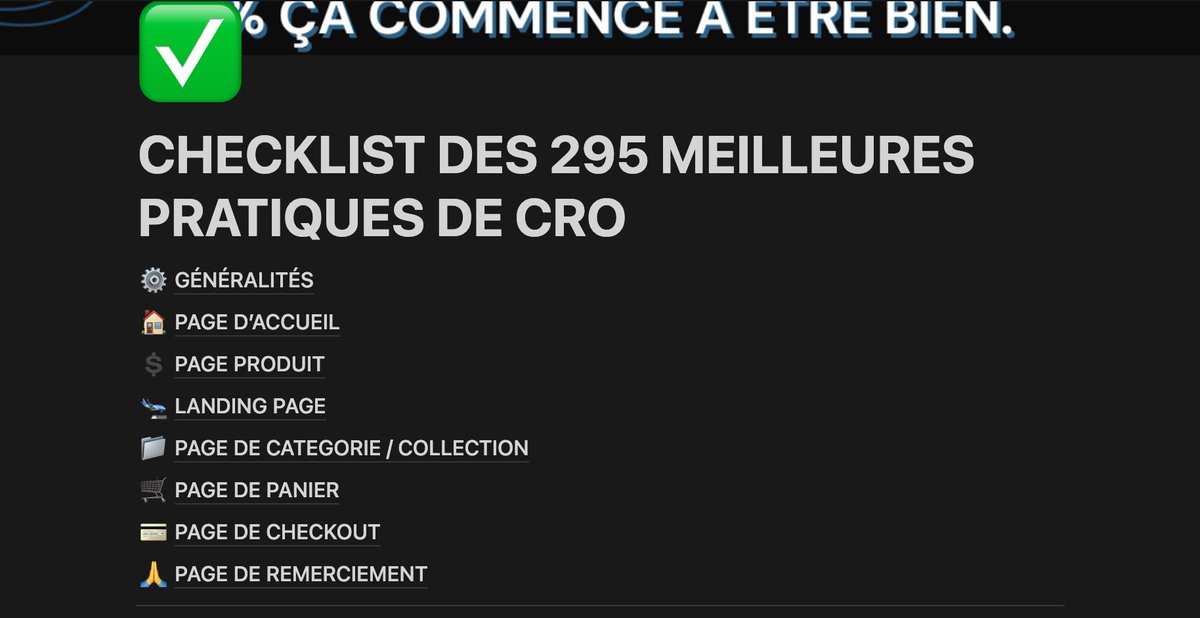 D'après Shopify, 97% des boutiques e-commerce sous-performent

Le problème #1 ? Le taux de conversion 

Voici une checklist des 295 pratiques de CRO mises en place par le top 3% de shops.

(Valeur d'environ 120€)

Follow, Like et Commente "CRO" et je te l'envoie GRATUITEMENT
