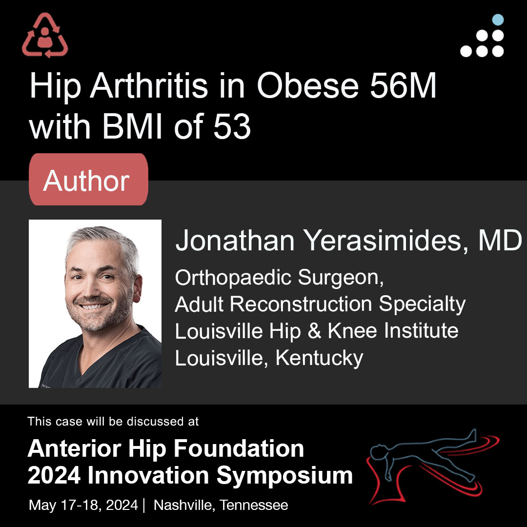orthobullets's tweet photo. Here is a new case by Dr. Jonathan @Yerasimides  and Louisville Hip & Knee Institute.

HIP ARTHRITIS IN OBESE 56M WITH BMI OF 53

This case will be debated at the Anterior Hip Foundation (@AAHips) 2024 Innovation Symposium in Nashville, Tennessee, May 17-18, 2024

How would you manage this #orthotwitter?

Vote on this case for CME: https://t.co/iAxKsqXh4E