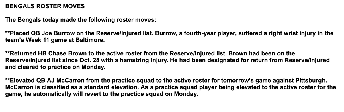 Bengals have officially placed Joe Burrow on season-ending injured reserve. Also elevated QB AJ McCarron from practice squad to active roster. Returned RB Chase Brown to active roster from IR. McCarron will automatically return to PS on Monday.