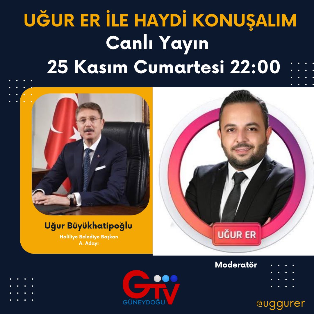 <a href="/ugurrerr/">Uğur Er</a> ile Haydi Konuşalım Program Konuğu Ak Parti Haliliye Belediye Başkan Aday Adayı Uğur Büyükhatipoğlu Olacaktır.