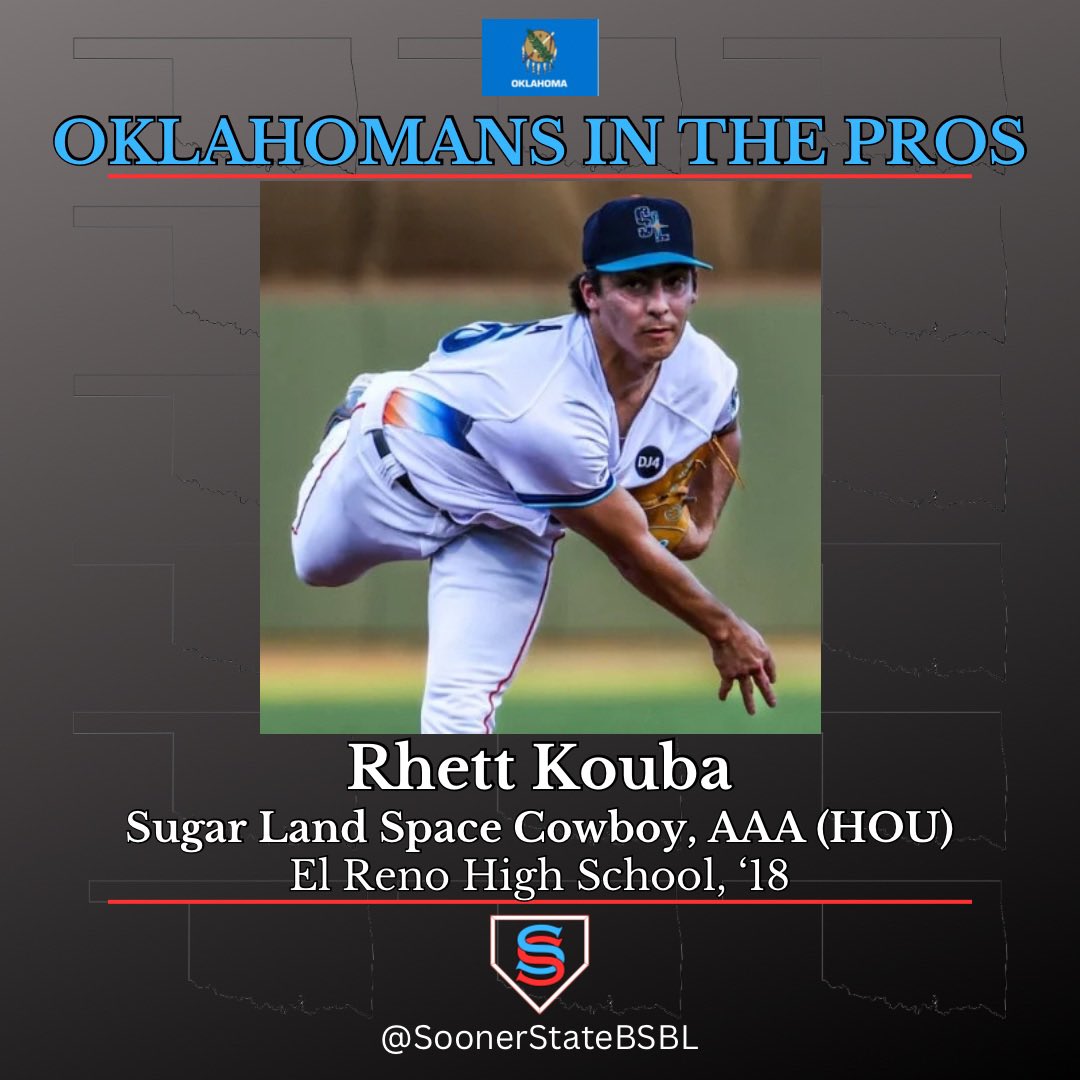 SoonerStateBSBL's tweet photo. OKLAHOMANS IN THE PROS

Rhett Kouba (RHP), Sugar Land Space Cowboys, AAA (HOU)

El Reno High School, ‘18

2023 Stats: G 28, GS 24, 128 IP, 8-7, 3.45 ERA, 136 Ks, 37 BB

- Called up to AAA in August
- Texas League Pitcher of the Year
- Astros 9th top rated prospect https://t.co/7Ezm1HsOl5