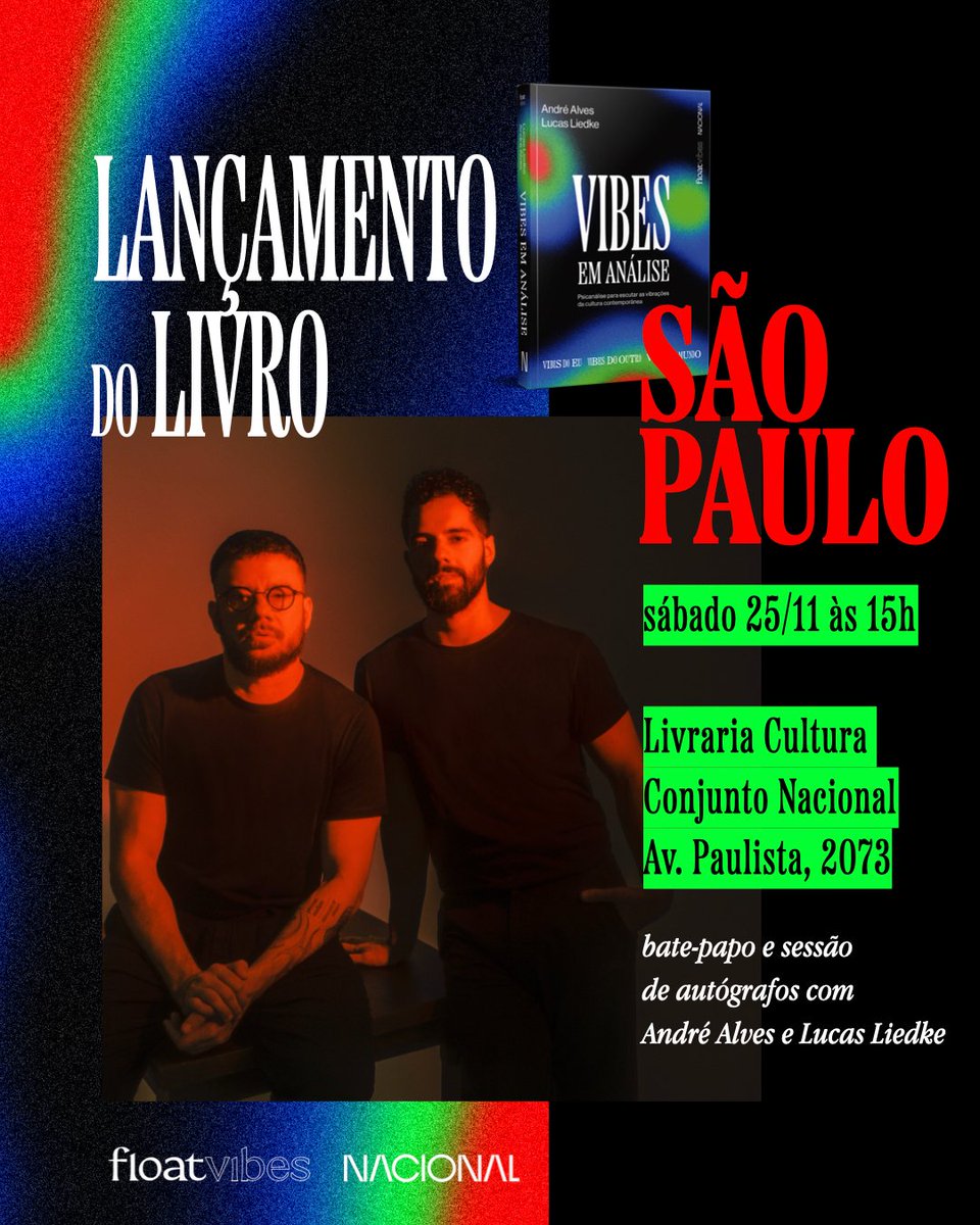 Hoje (sáb 25/11) às 15h na Livraria Cultura do Conjunto Nacional em SP, faremos um bate-papo aberto e gratuito sobre o lançamento do nosso novo livro “Vibes em Análise: Psicanálise para escutar as vibrações da cultura contemporânea”. <a href="/EditoraNacional/">Editora Nacional</a> 
Nos vemos lá! 📖🫨