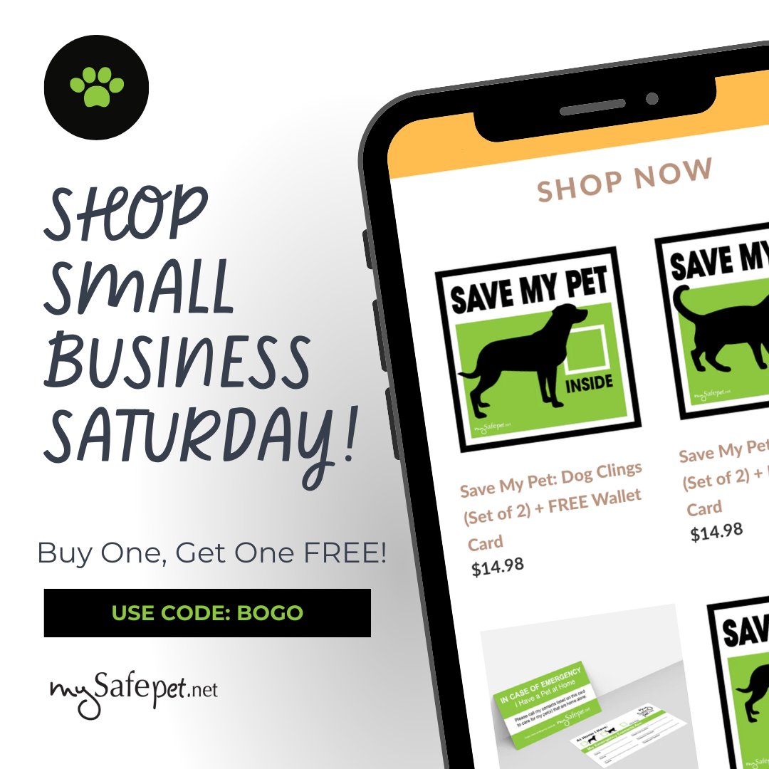 MySafePetNet's tweet image. 🐾 It&apos;s #SmallBusinessSaturday! 🐾

🛍️ #ShopSmall with us today and go big with our #BOGO (buy one, get one FREE) deal using promo code: BOGO

Shop now at mysafepet.net.

Code valid through Dec. 31, 2023; cannot be combined with other offers.