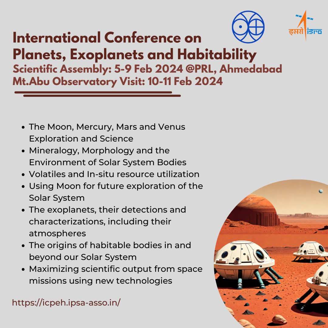 PRL is organizing a week-long International Conference on that will have the participation of experts in planetary sciences, exoplanets, Super-Earths detections &amp; characterizations, including their atmosphere &amp; habitability.

#space #spacescience #planets #exoplanets