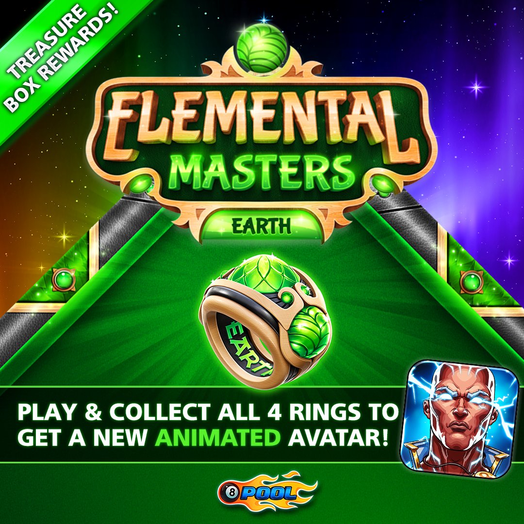 8ballpool's tweet photo. The NEW #ElementalMasters Earth Table is here, with Treasure Box rewards & an epic #RingQuest event! 🔥 🎱
More Info » https://t.co/TXPi1Gegqe
Can you win all four elemental Rings to unlock the event-exclusive Animated Avatar? 🎁 🎱
#8BallPool https://t.co/s70I8y69Fj