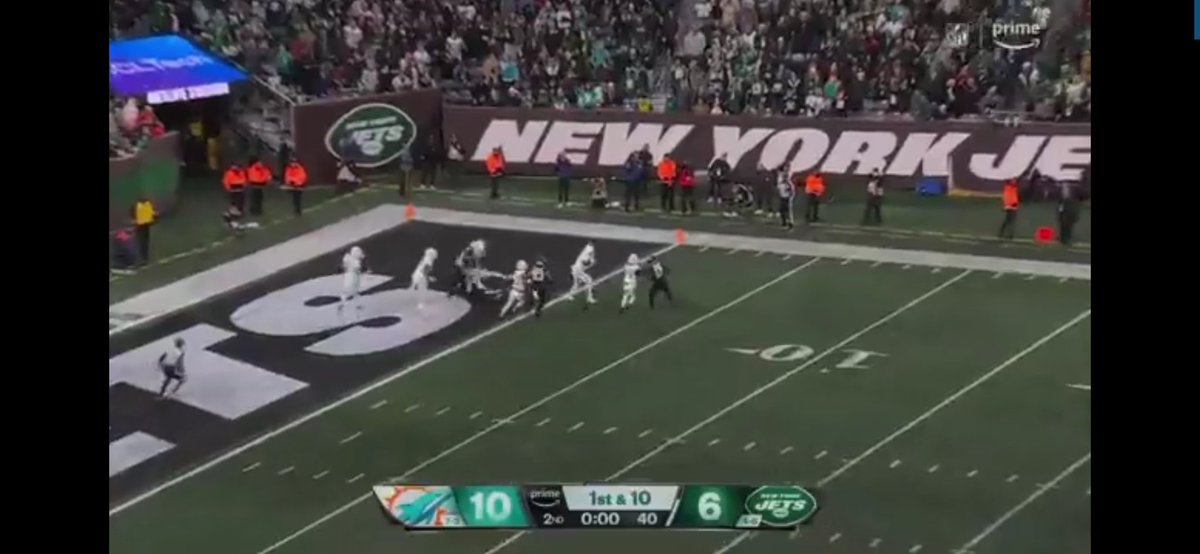 Bcaltman's tweet photo. @russ_lyman @Connor_J_Hughes And here they are immediately after the pick. One receiver in the end zone, two short of the goal line. 

Zero awareness and I'd be willing to bet 99% of tackles on hail mary picks are on contested balls by the wide outs, not 50 yards down field. https://t.co/wHLFBav2U2