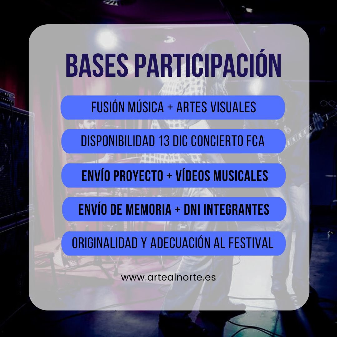 ¡Aquí os traemos un resumen de las bases de participación del festival! Ya veis qué sencillo… ¡NO HAY EXCUSA! Ven a la Factoría Cultural de Avilés el día 13 de diciembre y disfruta de música en vivo y las mejores artes visuales del momento. 

‼️PLAZO HASTA 27 NOVIEMBRE DE 2023‼️