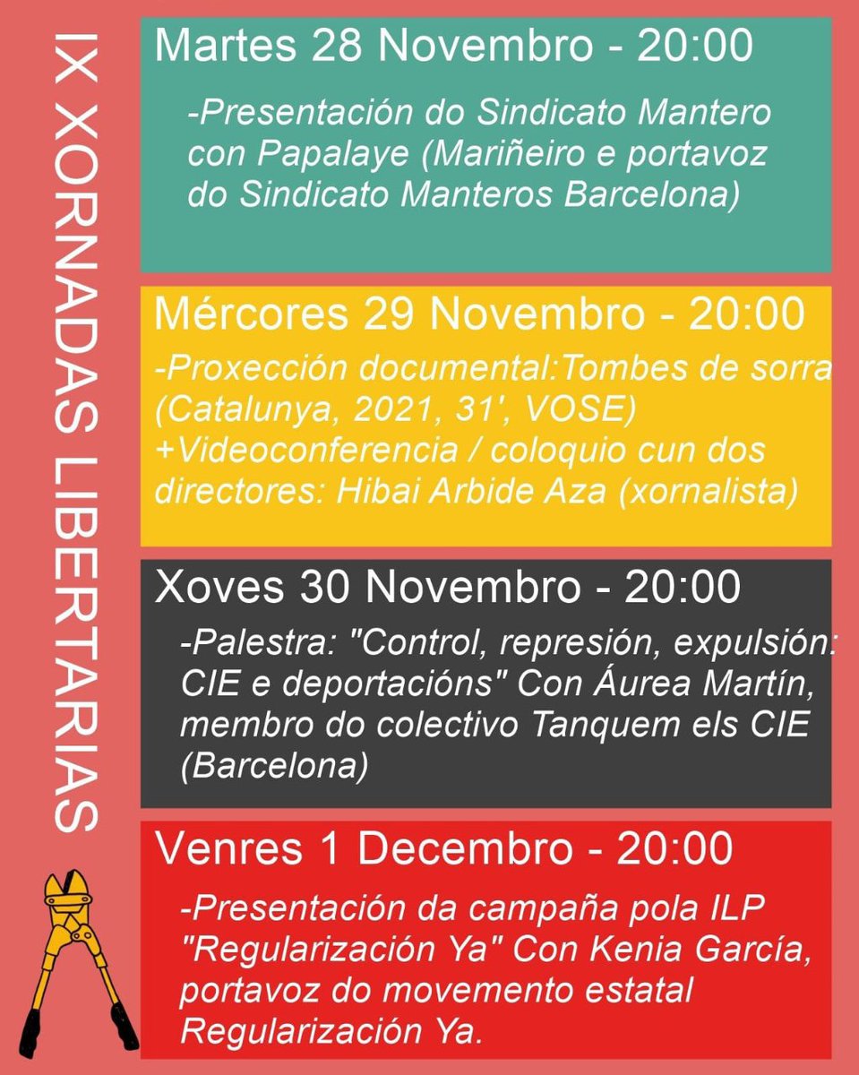 SUTSOCGTPoa's tweet photo. Do 28 de novembro ata o 1 de decembro, terán Lugar as IX #XornadasLibertariasCGT: “Loitas colectivas dende movementos sociais migrantes, racializados e antirracistas contra o racismo de estado”

Entrada libre e gratuita na Sala Versus  ata completar aforo. https://t.co/Z9JO8kS1KK