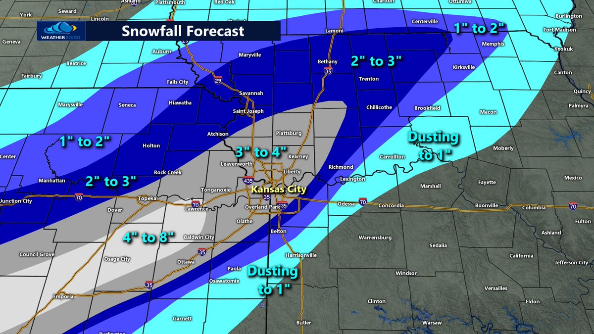 glezak's tweet image. Do you want some snow, or would you rather like 70°? Here is the snowfall forecast from @Weather2020. A solid 2 to 4 inches of snow is in the forecast for KC tonight.  That southern edge is too close for comfort.  There may be a strong cutoff from snow to no snow. ❄️🌨️