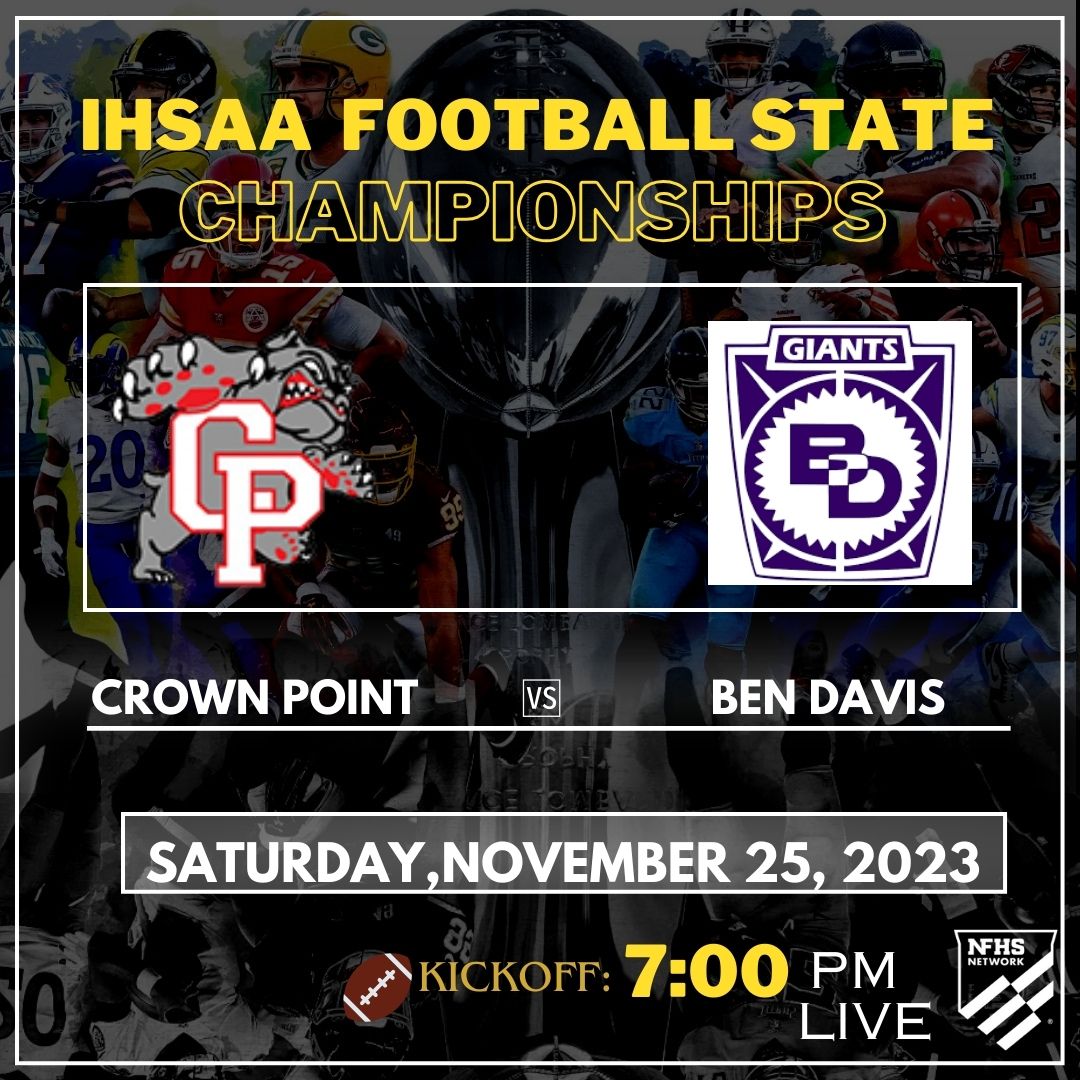 black_radio's tweet photo. Crown Point 🆚 Ben Davis
Bulldogs @ Giants 
🗓️ Saturday,Nov 25, 2023
⏰ 7p.m 
📽️ Livestream: https://t.co/Z6UMRZhrZA

@CPdogsfootball
@CPHSSports 
@WERCP 
@CrownPoint_fans
@GiantAthletics
@mommamcgowan
@BenDavisHS 
@CoachVanderbush https://t.co/wrojermSJR