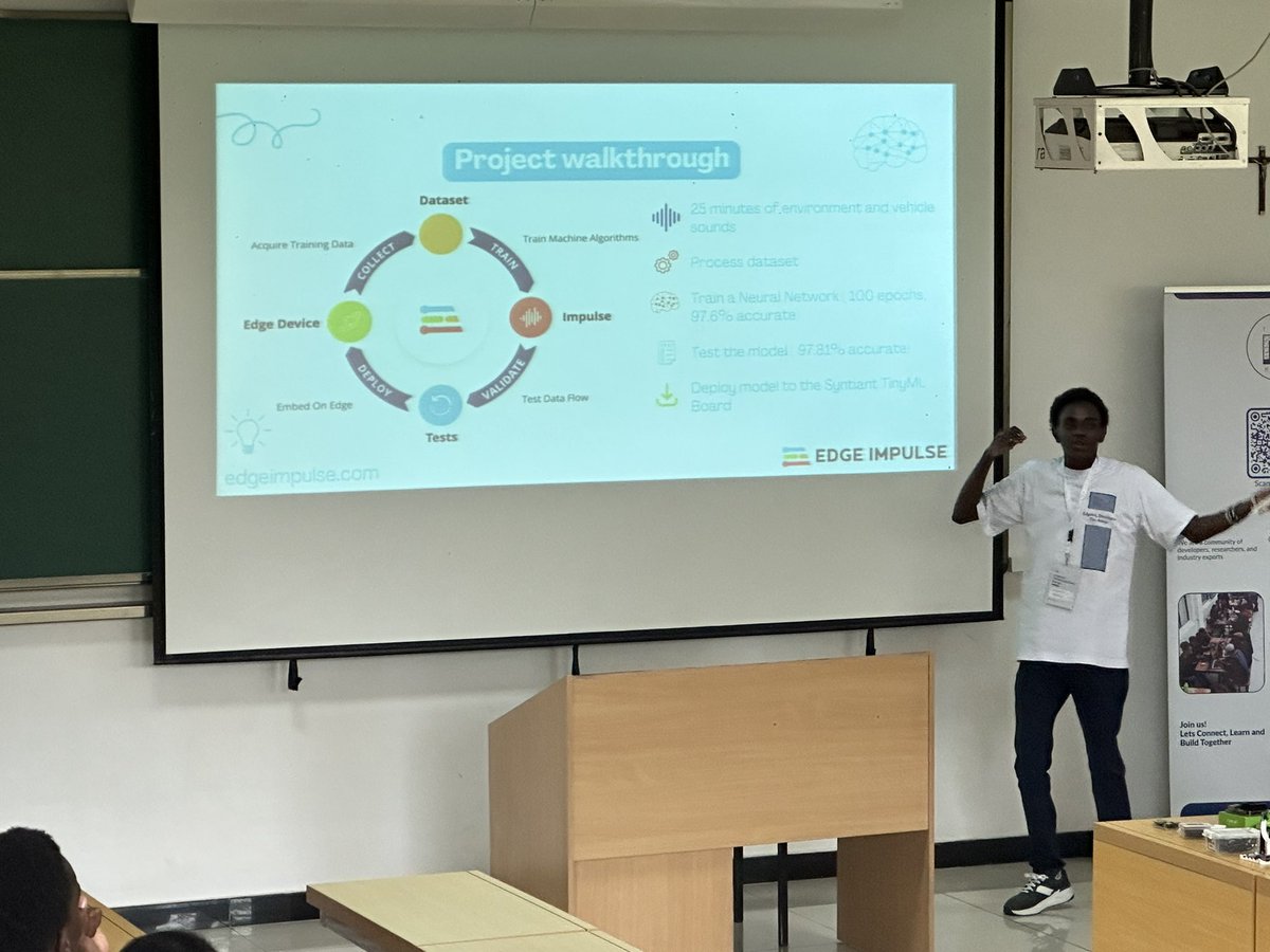 @sologithu showcases a tinyml wearable for environmental monitoring powered by @Syntiantcorp 🔥 #tinyml #EdgeMLDeveloperDayKenya2023