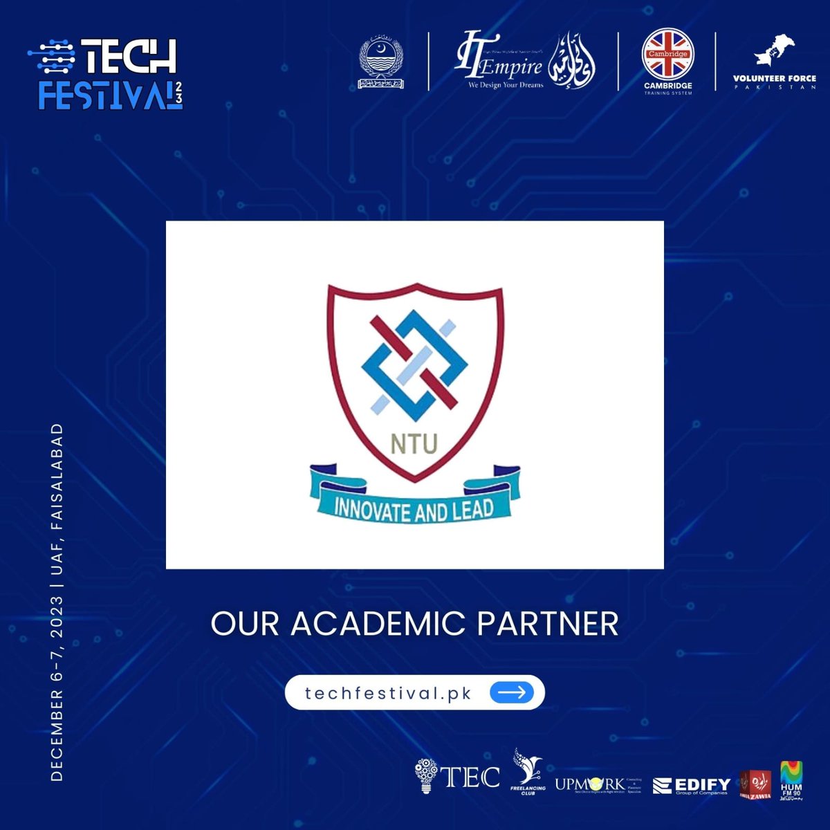vforcepak's tweet photo. We are delighted to announce 𝐍𝐓𝐔 as our Academic Partner at #TechFestival. Join us as an academic partner &amp; be at the forefront of shaping the future, where education meets innovation. Stay tuned!
🗓 6th - 7th December
📍 UAF, Faisalabad
☎ 0300-6577880 https://t.co/DNedhS9Jcz