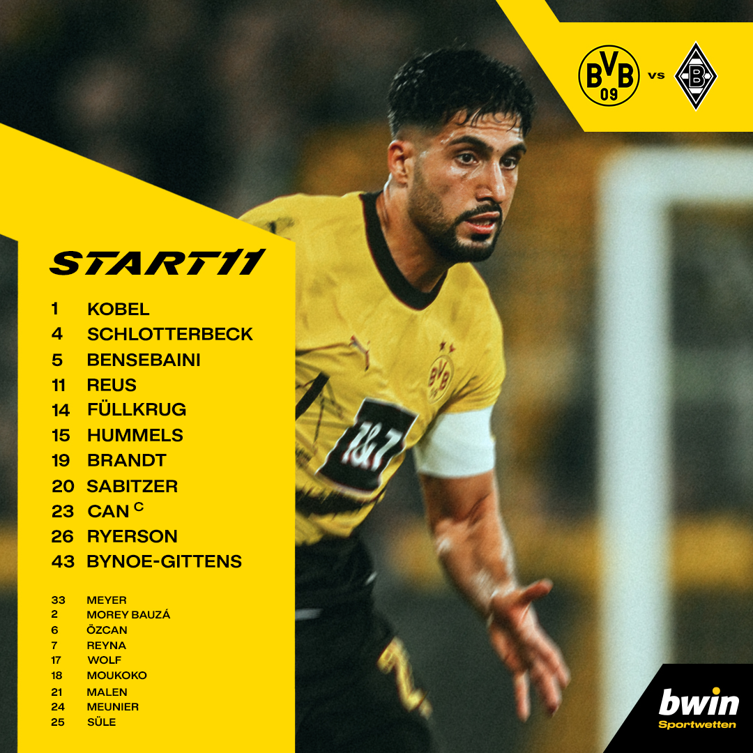 BVB's tweet photo. Unsere Startelf für #BVBBMG! ⚔️ https://t.co/hgaRMyIYSX
